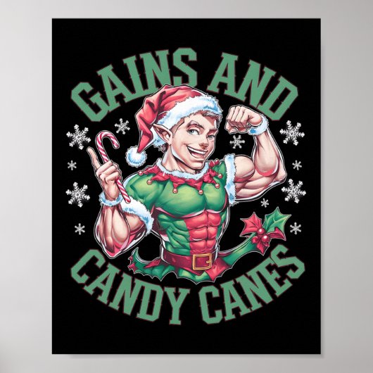 Poster Gains de musculation drôle d'elfe de Noël et canne (Devant)
