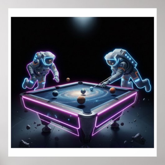 Poster Galactic Pool Night – Astronauts Playing Cosmic Bi (Devant)