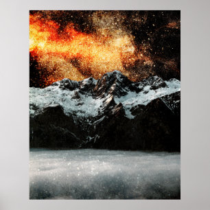 Poster Galaxie brûlante au-dessus de montagnes majestueus