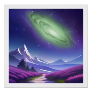 Poster Galaxie verte cosmique sur paysage de montagne vio