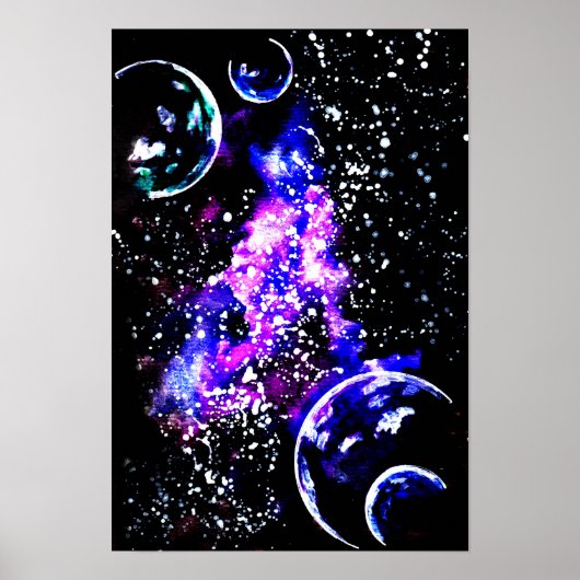 Poster Galaxie violette avec planètes (Devant)