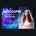 Poster Galaxy Blue Purple Bar Bat mitzvah Photo Bienvenue<br><div class="desc">Créez vos propres panneaux d'accueil uniques et élégants conçus sur un modèle photo simple qui peut être personnalisé avec votre texte et image personnalisés. L'oeuvre de la galaxie cool de Raphaela Wilson dépeint une nébuleuse d'espace d'aquarelle violette et bleue, un ciel nocturne rempli d'étoiles, ainsi qu'une étoile juive blanche moderne...</div>