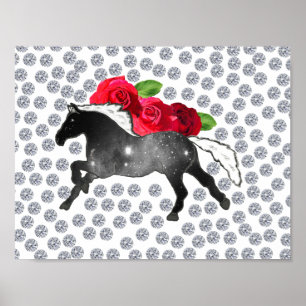 Poster Galaxy Horse noir blanc Nebula Roses et diamants