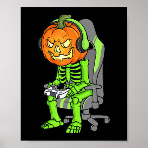 Poster Gaming Halloween Skeleton Jack O Lantern Gamer Boy