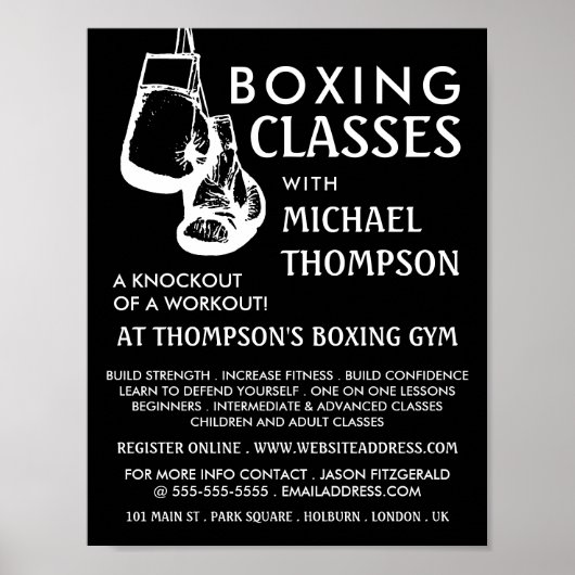 Poster Gants de boxe noir et blanc, Classe de boxe Advert (Devant)