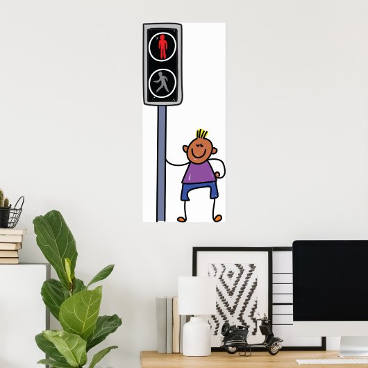 Poster Garçon au passage piéton avec le signal rouge Stop (Bureau à domicile)