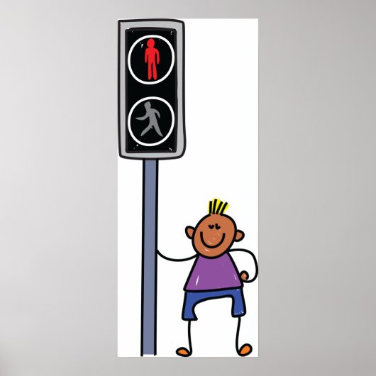 Poster Garçon au passage piéton avec le signal rouge Stop (Devant)