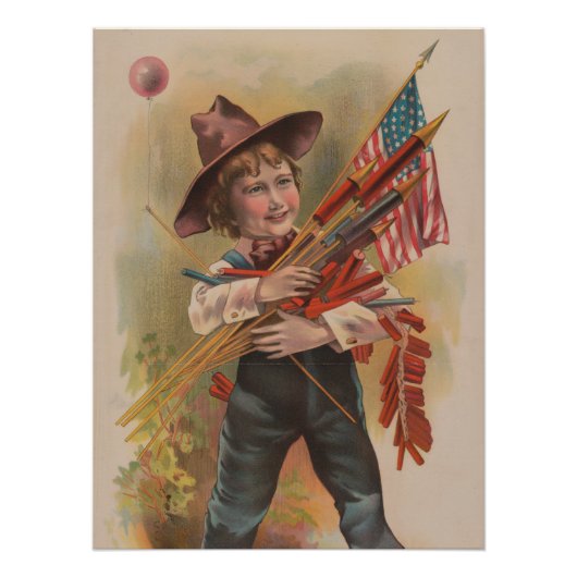 Poster Garçon avec Feux d'Artifice, Drapeau Américain, Im (Devant)