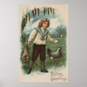 Poster Garçon avec panier à oeufs de Pâques tenant l'oeuf