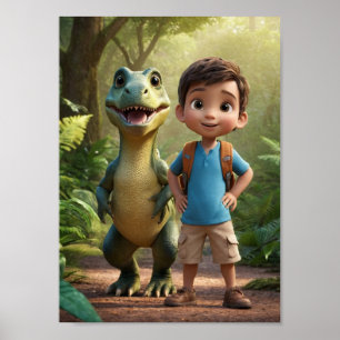 Poster Garçon aventureux et dinosaure amical