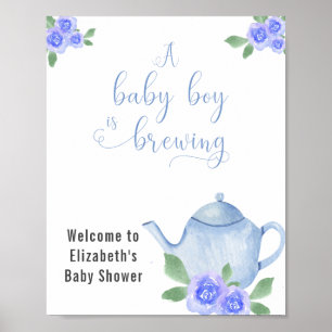Poster Garçon Baby shower Bleu théière et fleurs Accueil