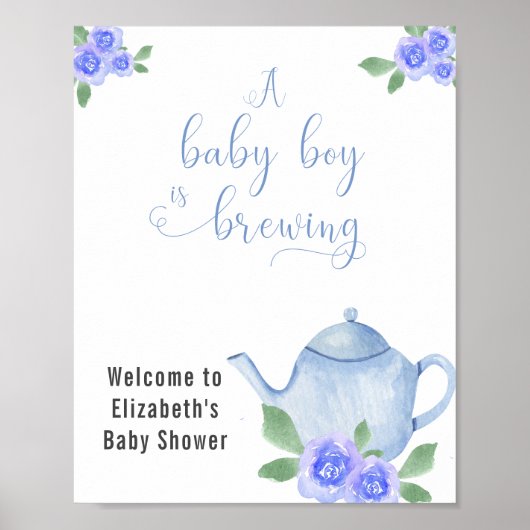 Poster Garçon Baby shower Bleu théière et fleurs Accueil (Devant)