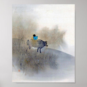 Poster Garçon chevauchant une vache et soufflant une flot