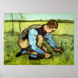 Poster Garçon coupant de l'herbe avec une faucille par Vi