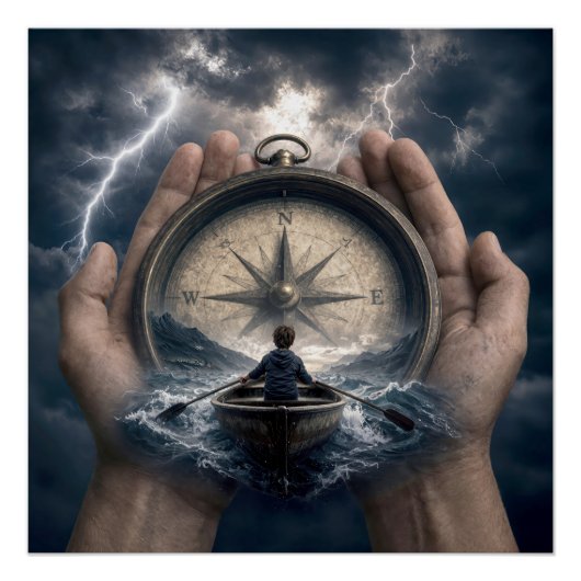 Poster Garçon dans un bateau à rames guidé par une bousso (Devant)