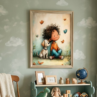 Poster Garçon et chien fantaisistes Papillon