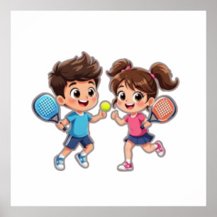 Poster Garçon et Fille de Dessin Animé Mignons Jouant au 