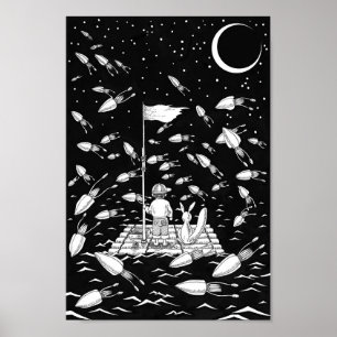Poster Garçon et renard dérivant sur un radeau.