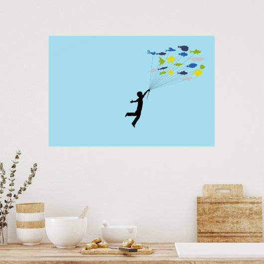 Poster Garçon Flottant En Tenant Des Ballons De Poisson T (Cuisine)