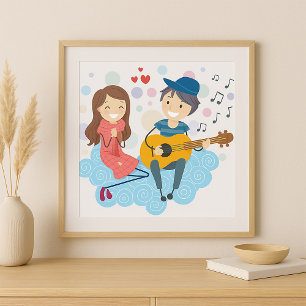 Poster Garçon jouant de la guitare pour l'amour de la fil