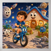 Poster Garçon mignon faisant du vélo dans l'espace (Devant)