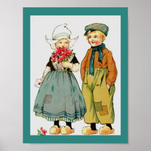 Poster Garçon néerlandais mignon vintage et fille avec