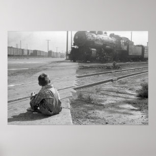 Poster Garçon regardant les trains, 1939. Photo ancienne