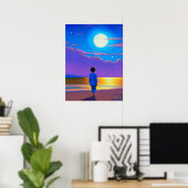 Poster Garçon sur la plage, regardant la lune (Bureau à domicile)