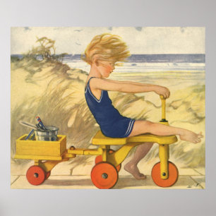Poster Garçon vintage Jouer à la plage avec des jouets de