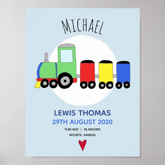 Poster Garçons Cute Blue Train Keepsaké Baby Nursery (Devant)