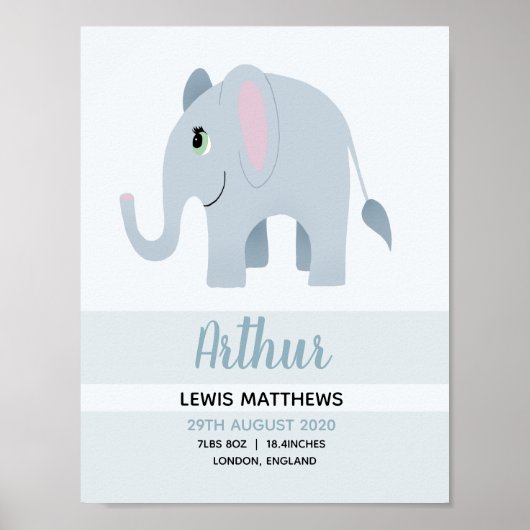 Poster Garçons Cute Safari Elephant Birth Stats Baby Nurs (Devant)
