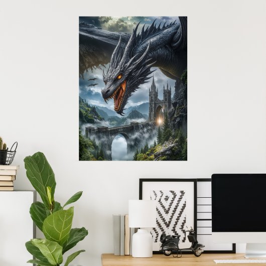 Poster Garde de dragon noir protégeant un château de mont (Bureau à domicile)