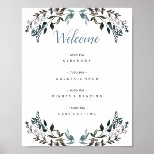 Poster Garden Crest Blanc Bleu Floral Programme de mariag