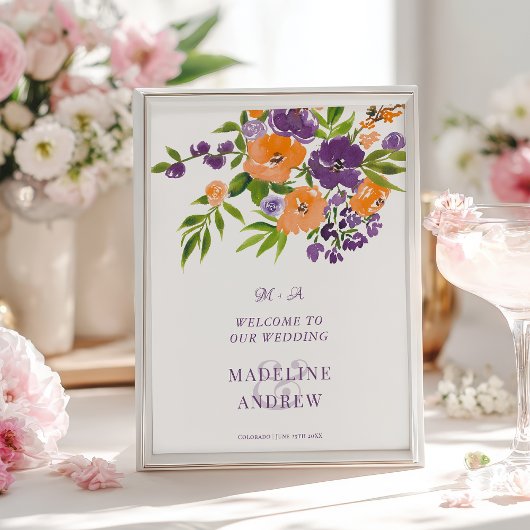 Poster Garden Purple Orange Floral wedding Welcome