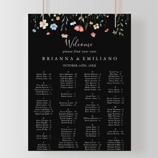 Poster Garden wildflower Black Alphabetical Seating Chart