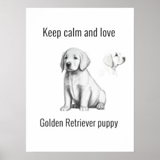 Poster Gardez calme et amour Golden Retriever chiot
