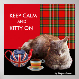 POSTER "GARDEZ CALME ET CHATON À L'AFFICHE" ,TARTAN ROUGE