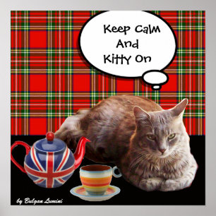 POSTER "GARDEZ CALME ET CHATON À L'AFFÛT" ,TARTAN ROUGE,F