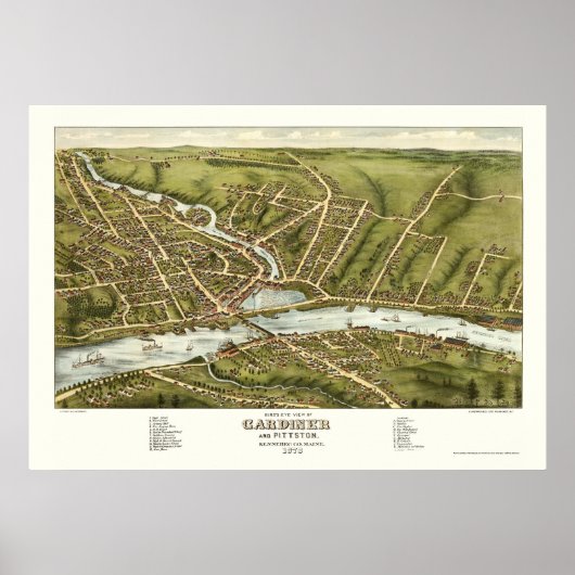 Poster Gardiner & Pittston, ME Carte panoramique - 1878 (Devant)