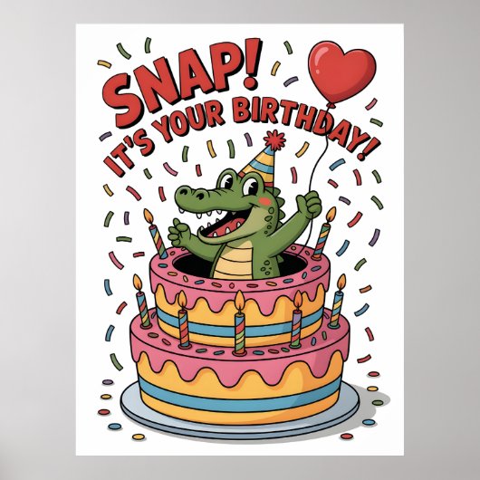 Poster Gâteau d'anniversaire de fête avec un alligator mi (Devant)