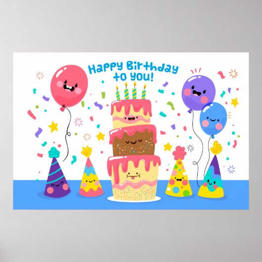 Poster Gâteau D'Anniversaire Souriant Et Ballons (Devant)