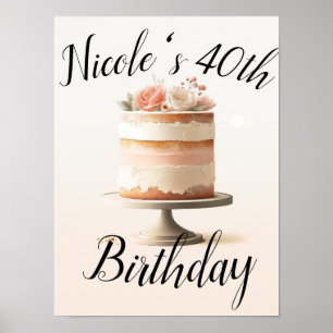 Poster Gâteau Floral Élégant Rose Pêche Fête d'Anniversai