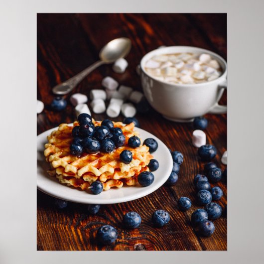 Poster gaufres belges aux bleuets et chocolat chaud (Devant)