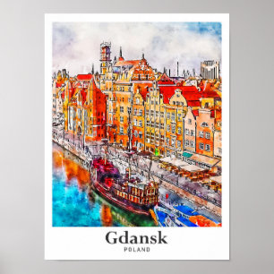 Poster Gdansk Pologne Voyage Aquarelle main tirée