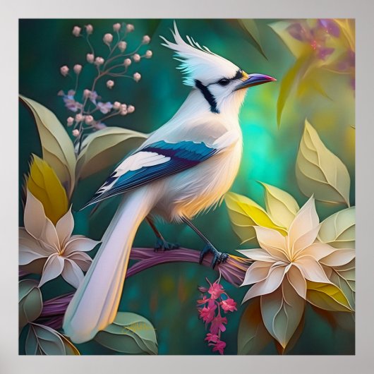 Poster Geai à ailes de sarcelle à touffe blanche oiseau d (Devant)