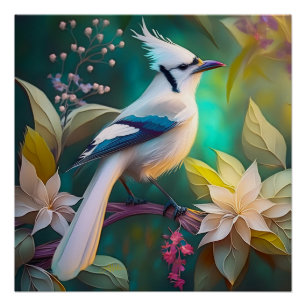 Poster Geai à ailes de sarcelle à touffe blanche oiseau d