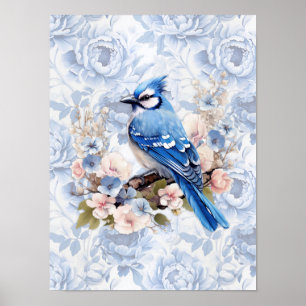 Poster Geai bleu avec fleurs bleu barbeau et rose tendre