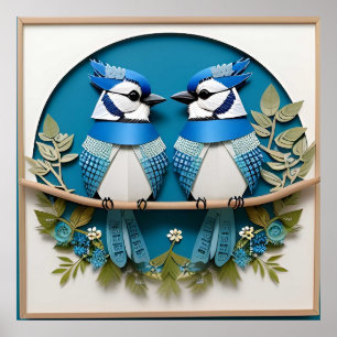 Poster Geais bleus perchés parmi les détails floraux