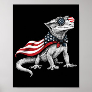 Poster Gecko à crête 4 juillet Drapeau américain Patrioti