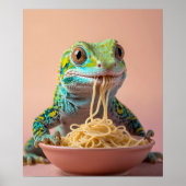 Poster Gecko Drôle Manger Spaghetti (Devant)
